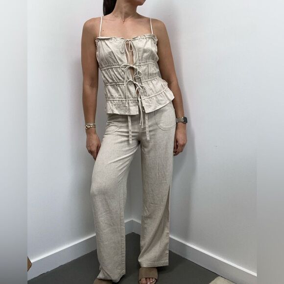H&M Beige Linen Blend 2 Piece Pant Set Ruche Tie Front Top Wide Leg Size XS/S - Picture 2 of 15